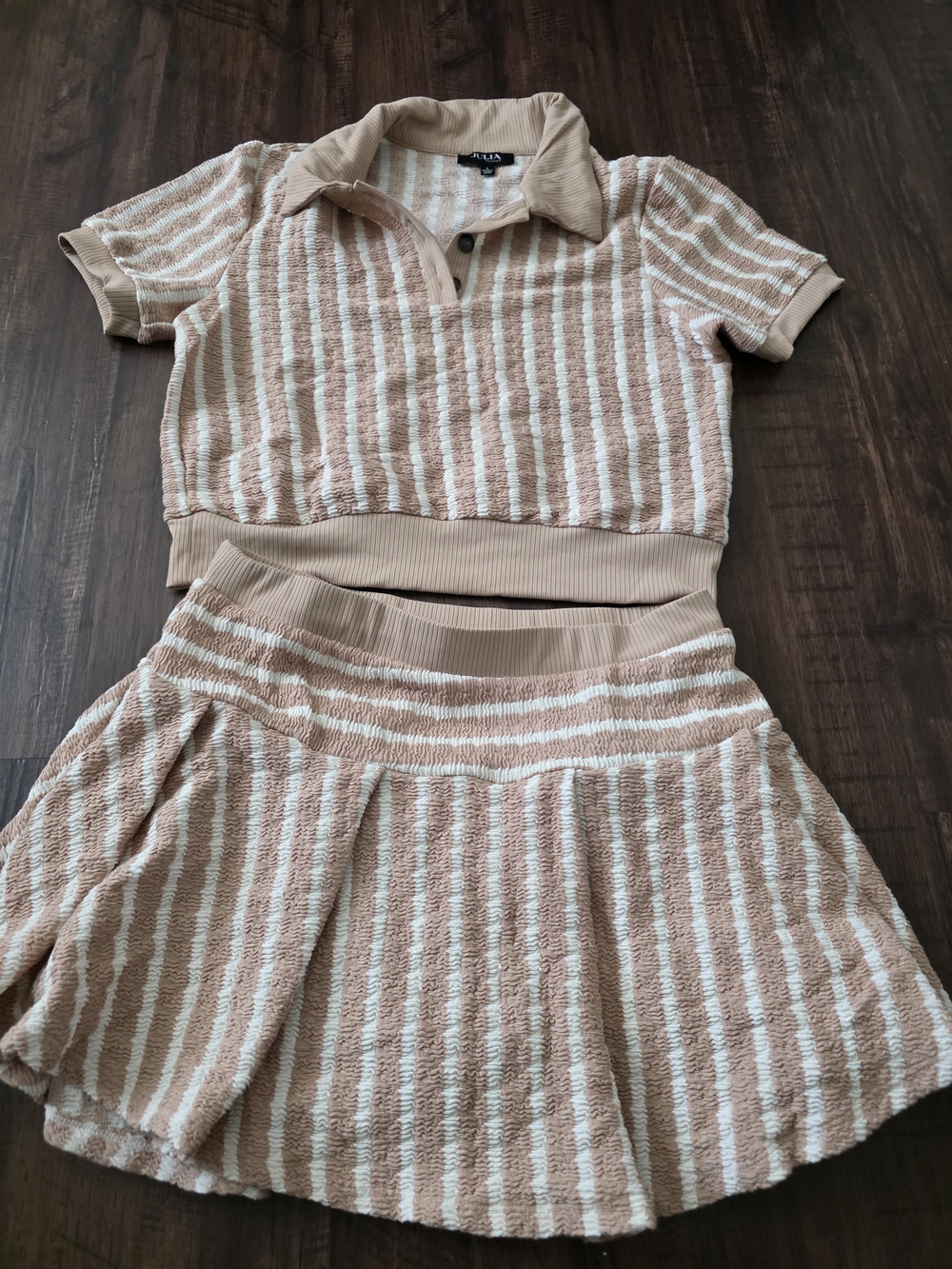 Beige & White Striped Knit Polo Mini Dress - Picture 2 of 8